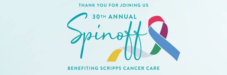 Thank you for joining us - 30th annual Spinoff - benefiting Scripps cancer care - image includes a multi-colored ribbon