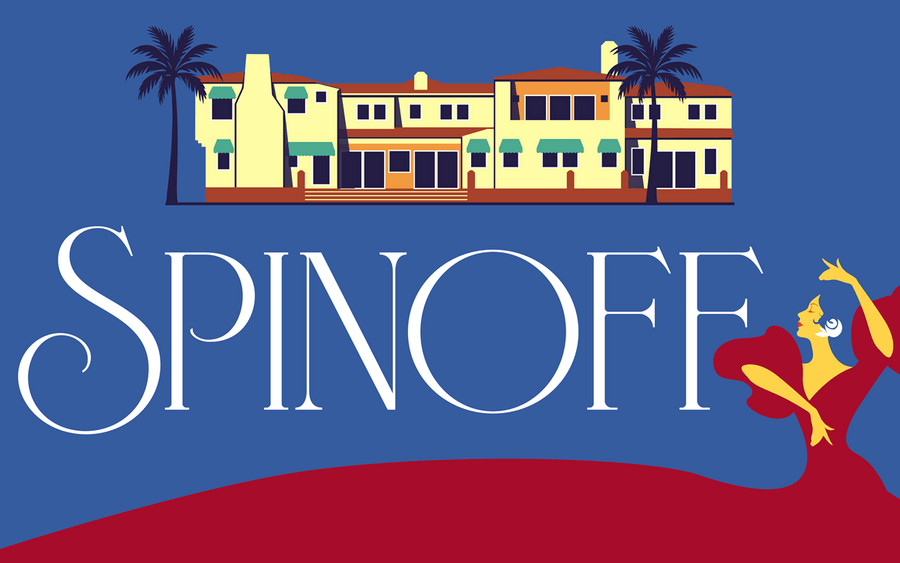 Spinoff white text on a blue background with a graphic of a lady dancing the tango and a two story building with two palm trees.