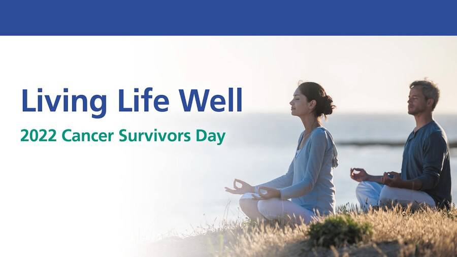 A man a woman sit in a simple yoga pose meditating in nature. The image represents Living Life Well: 2022 Cancer Survivors Day.