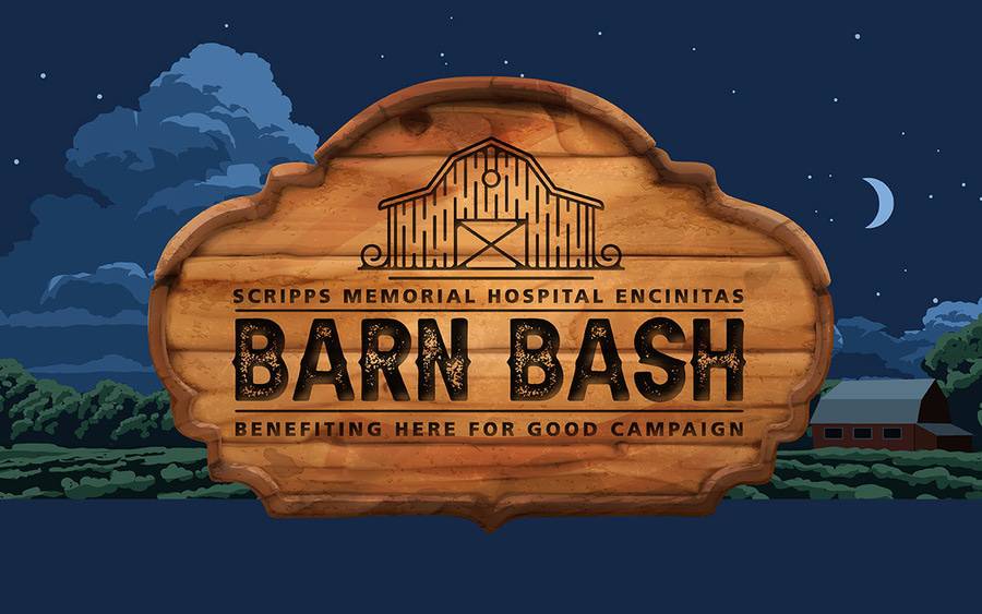 Scripps Memorial Hospital Encinitas Barn Bash benefiting Here for Good campaign wood graphic with a nighttime background.