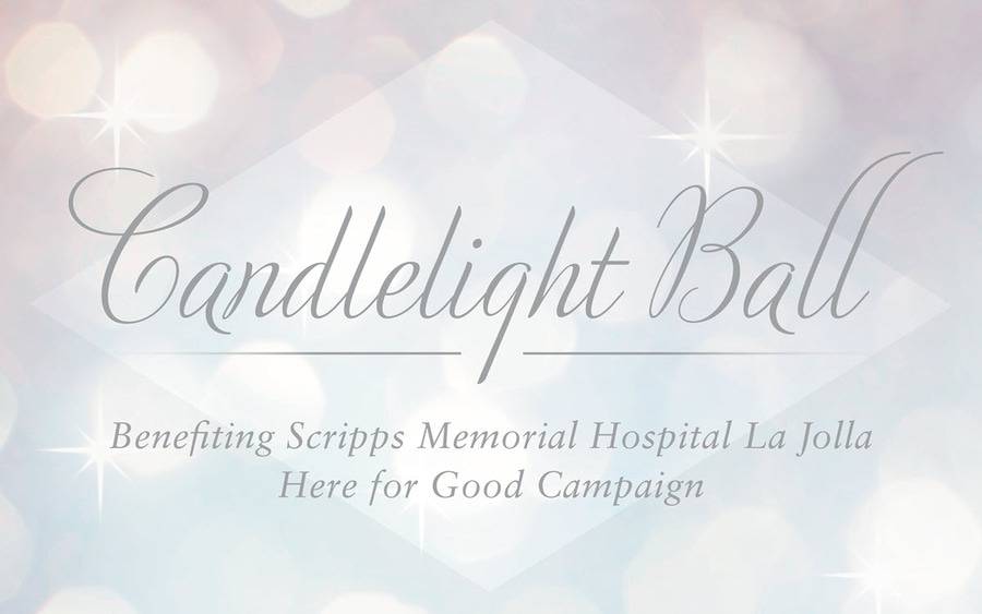 Candlelight Ball benefiting Scripps Memorial Hospital La Jolla Here for Good Campaign - text is on a glittery silver background