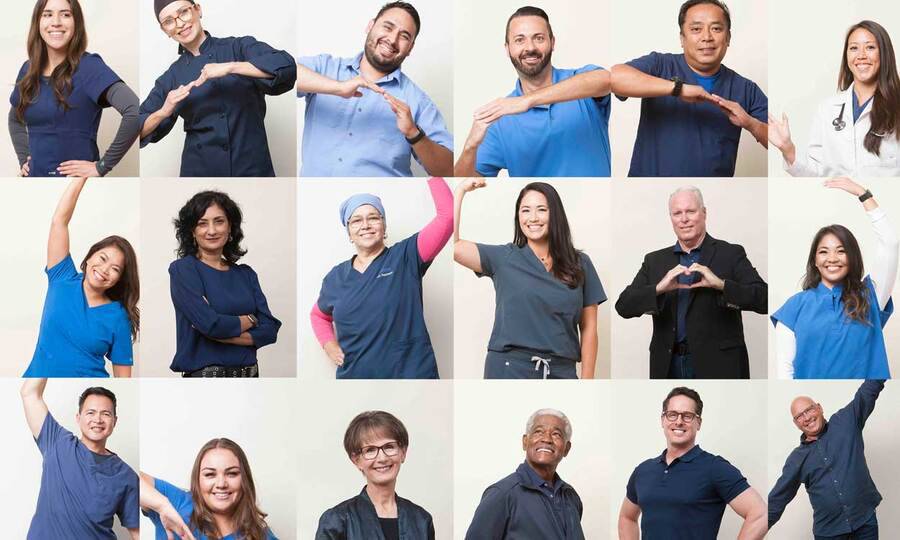 A group collage image of Scripps hospital and administration staff who work hard for all patients during COVID-19.