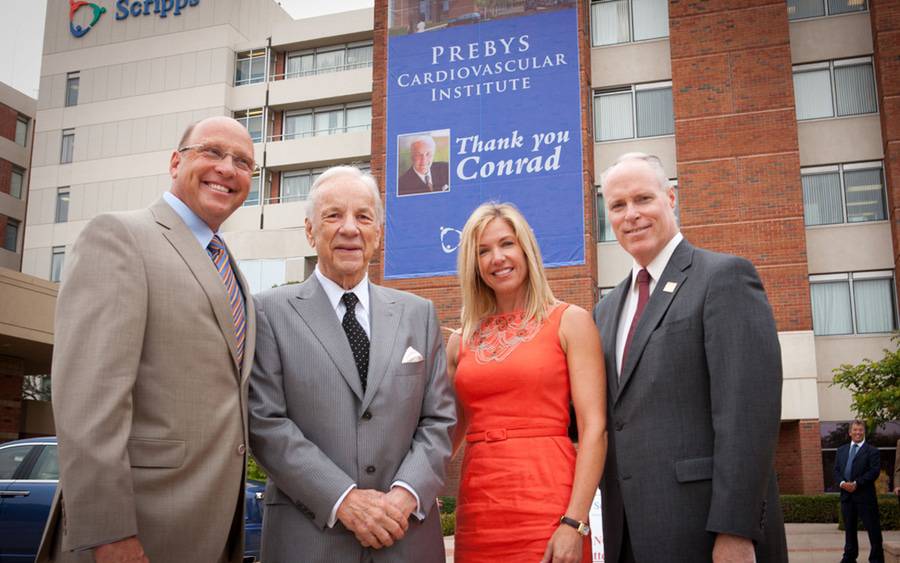 John Engle, Chris Van Gorder and Mary Braunwarth thank Prebys (second from left) for his leadership gifts to support the health of San Diegans for generations to come.