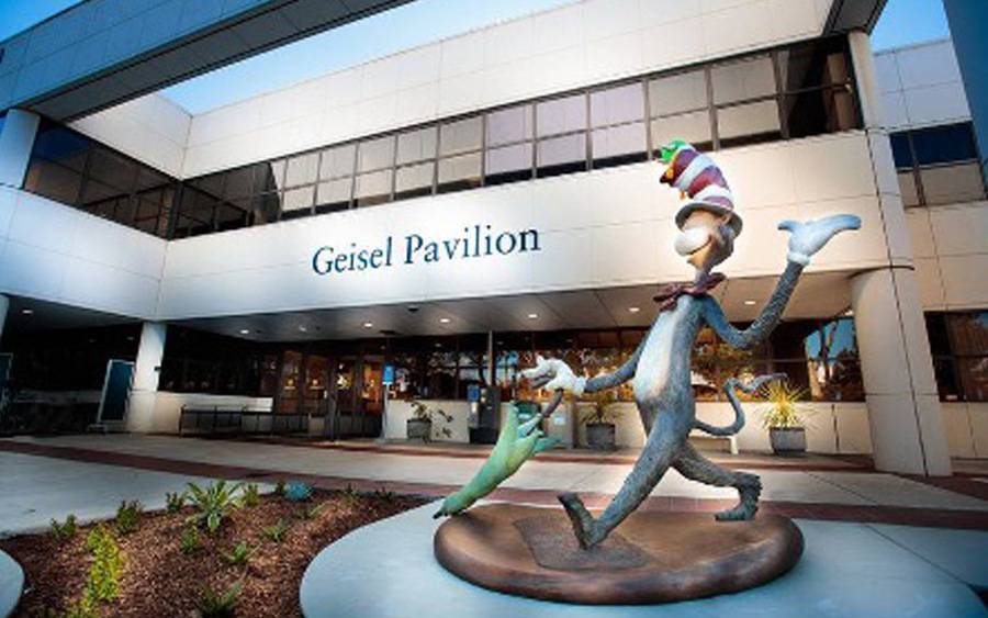 Patients are greeted by Dr. Seuss character, the Cat in the Hat, at the Geisel Pavilion at Scripps Clinic, Torrey Pines. The pavilion was made possible by a legacy gift from Audrey Geisel, the beloved children's author's widow.