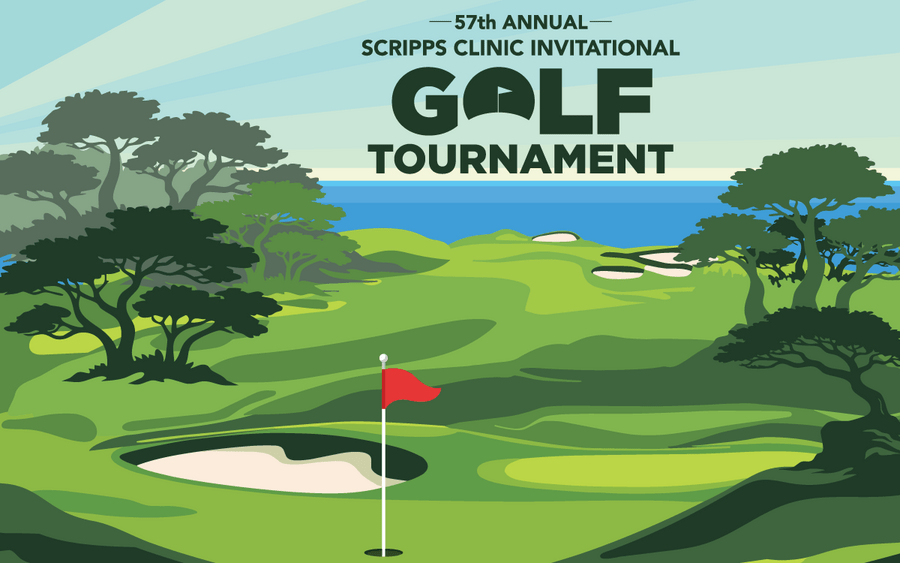 57th annual Scripps Clinic Invitational Golf Tournament graphic with Torrey Pines golf course and an ocean view.