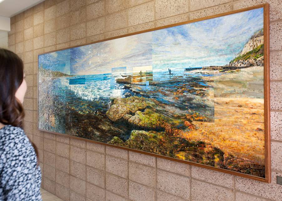 A young woman looks at a picture of the La Jolla coastline at a Scripps hospital.