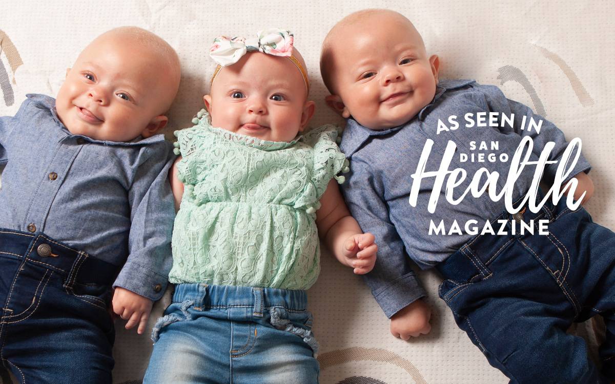 Scripps perinatologists help couple welcome the triplets pictured, two boys and a girl, who are featured on the cover of San Diego Health Magazine.