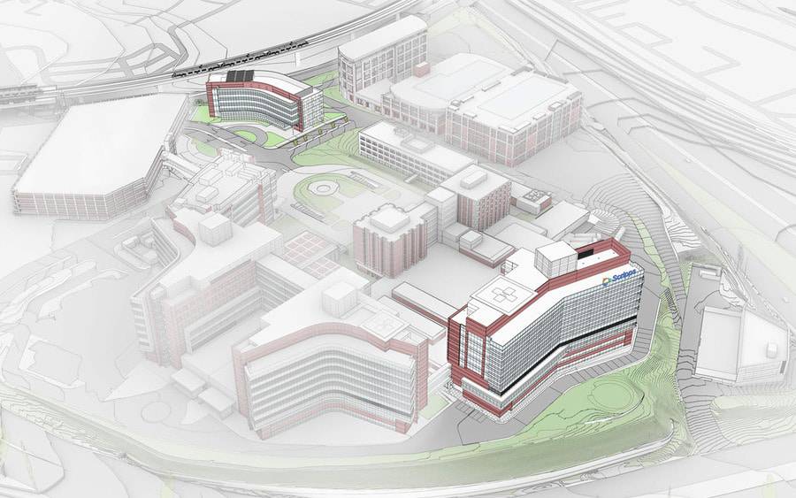 Architectural rendering of future growth on the La Jolla campus includes an additional medical office building and a third hospital tower.