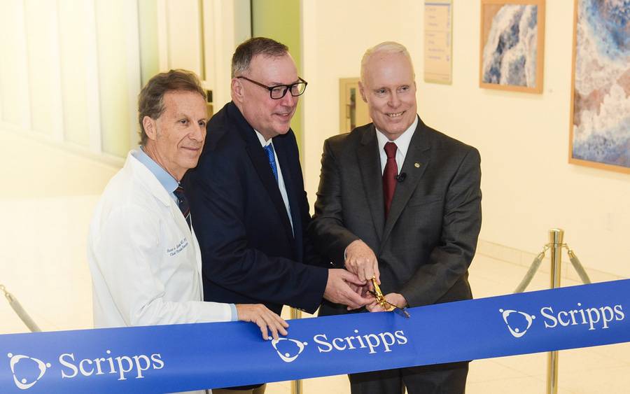 Scott Eisman, MD, Scripps Encinitas physician chief operating officer; Steve Miller, RN, Scripps Encinitas chief operations executive; and Chris Van Gorder, Scripps Health president and CEO, at the ribbon-cutting event.