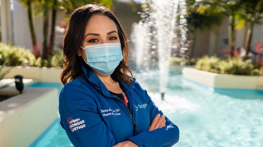 Erica Vargas, RN, stands outside Scripps Clinic Torrey Pines.