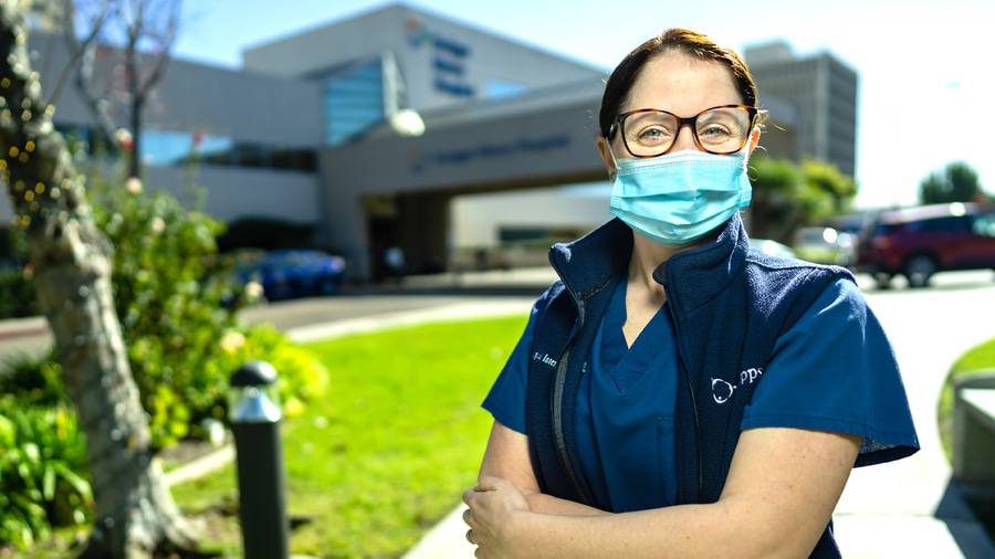 Keri Cipperoni, RN, stands outside Scripps Mercy Hospital San Diego.