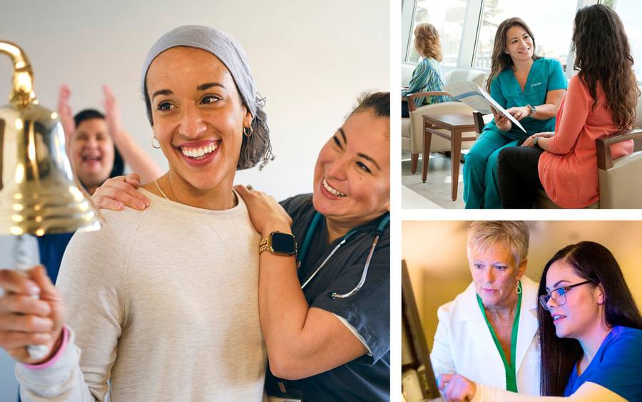 A collage of photos show a cancer patient ringing a bell after completing treatment, talking with a provider about their treatment options and Scripps providers checking results on a computer screen.