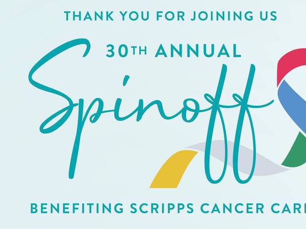Thank you for joining us - 30th annual Spinoff - benefiting Scripps Cancer Care - image includes a multi-colored cancer ribbon