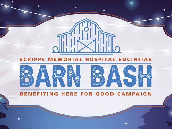 Scripps Memorial Hospital Encinitas Barn Bash benefiting Here for Good Campaign logo with an illustration of a barn overlaying a night sky with trees and stars